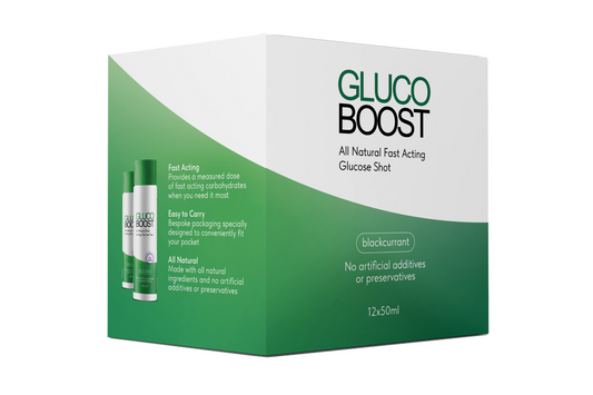 12-pack of GlucoBoost glucose shots with a green and white design.