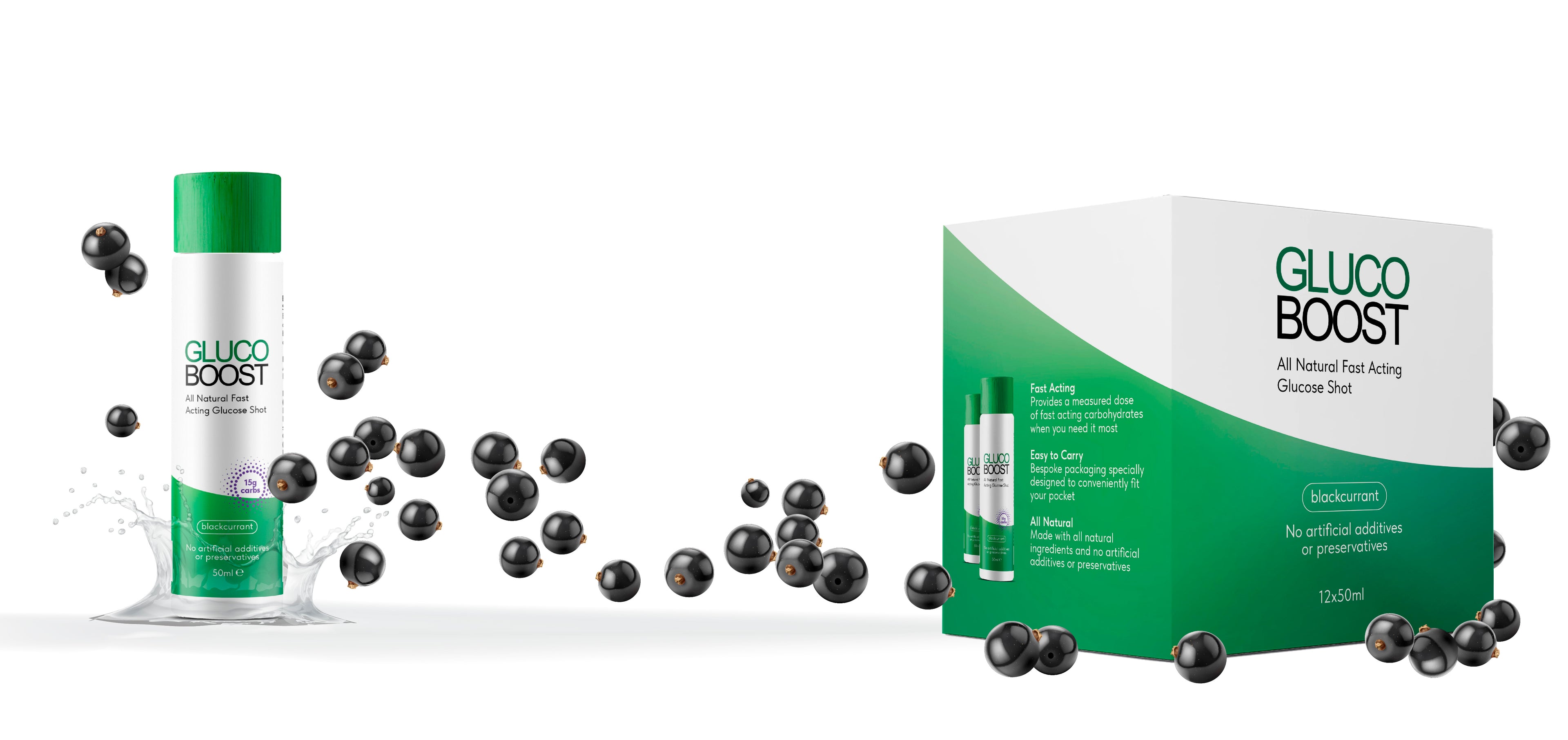 GlucoBoost glucose drink bottle and 12-pack on a white background